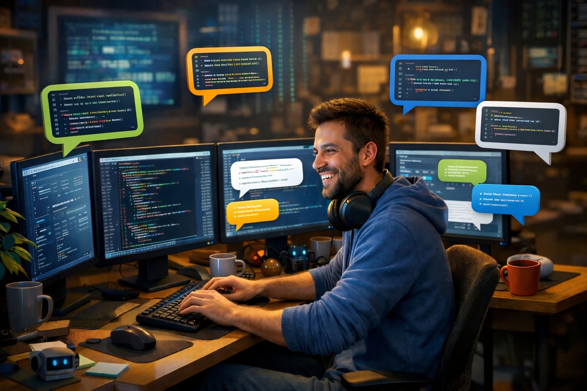 Man working on multiple monitors with code and chat bubbles.