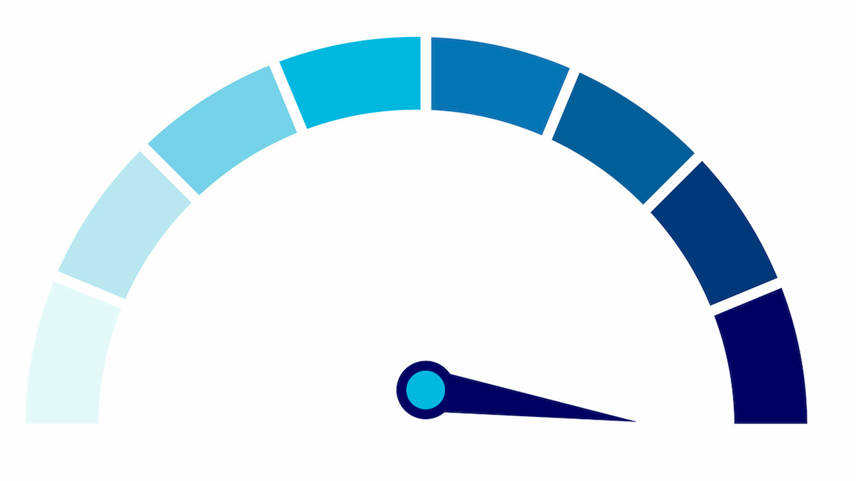 Blue performance gauge with needle pointing to maximum, indicating high level or peak performance