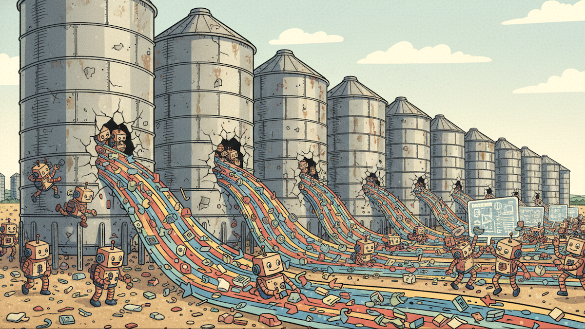 Robots extract colorful data streams from silo towers, highlighting data silos being broken.
