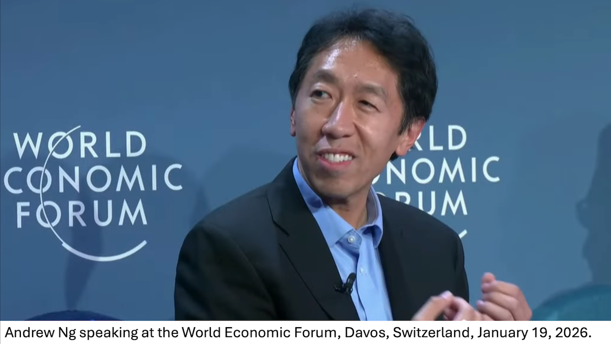 Close-up of Andrew Ng speaking at World Economic Forum, backdrop reads "World Economic Forum" in white text.