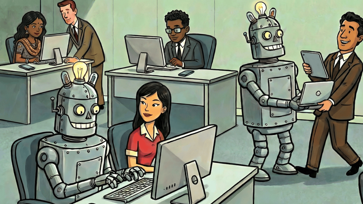 Office scene with robots and humans working at desks represents the discussion on AI's impact in the workplace.