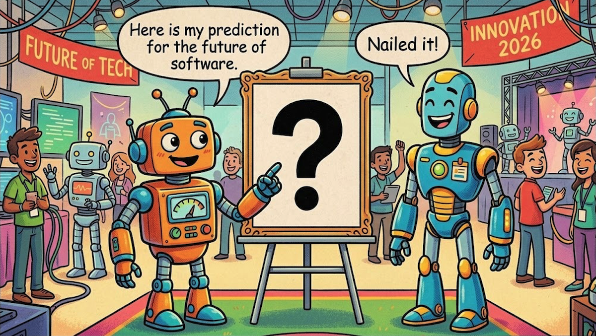 Two cheerful robots discuss software predictions beside a large question mark at a tech expo.