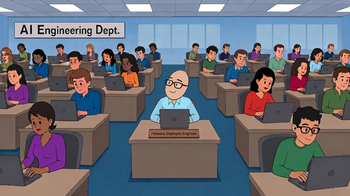 AI Engineering Department with diverse employees working on laptops in an office setting, labeled Forward-Deployed Engineer.