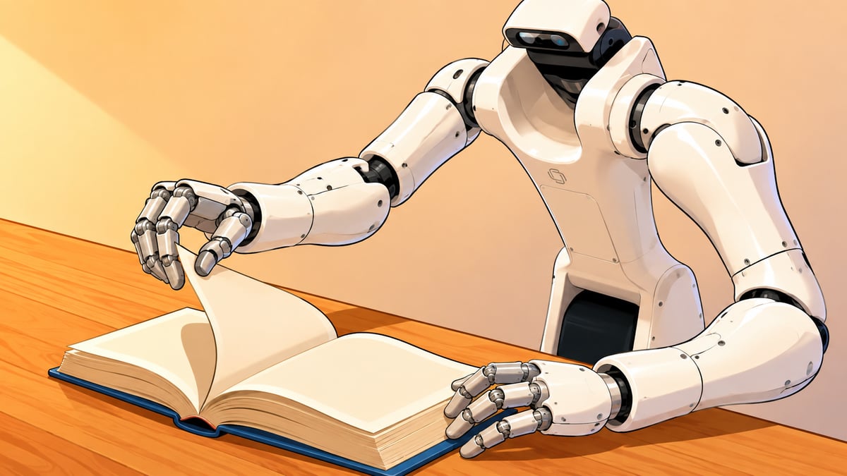 AI robot actively flipping book pages on a desk, showing autonomous interaction with educational content.