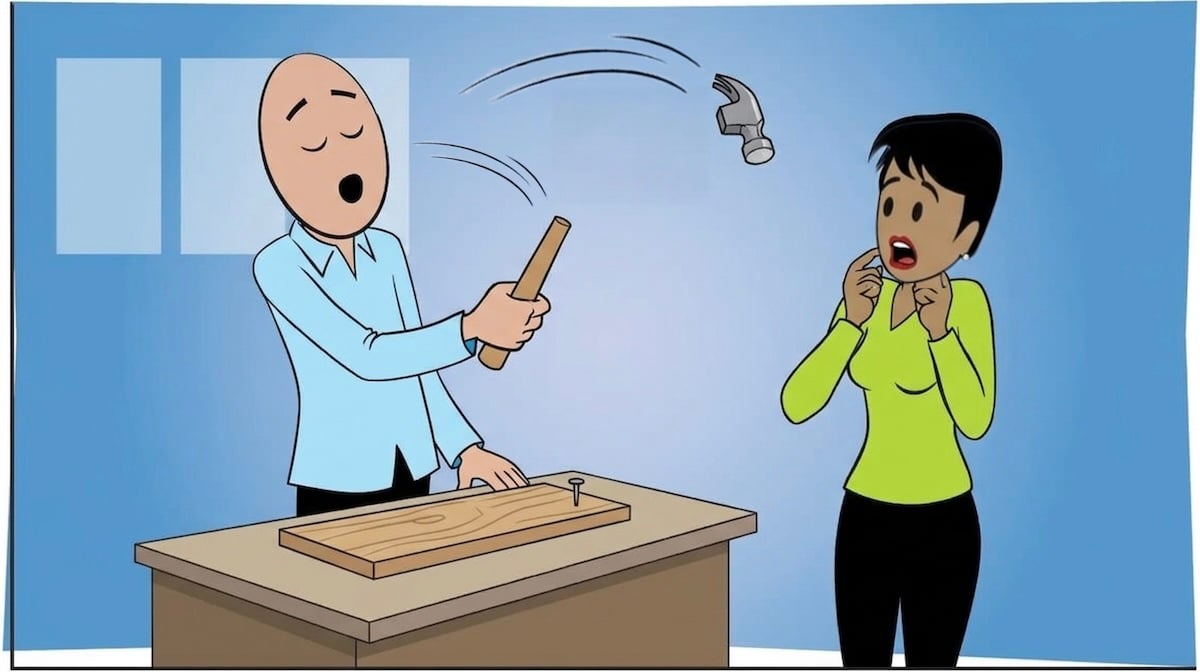 Cartoon of man dropping hammer next to woman on blue background, emphasizing tool accident and reaction.