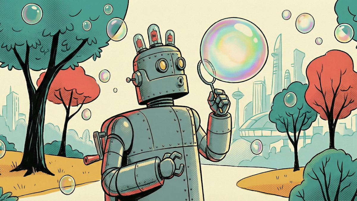 A robot holds a bubble wand, surrounded by bubbles and colorful trees, with a futuristic city skyline.