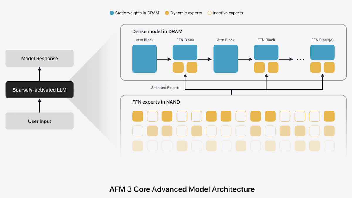 AFM 3 Core model architecture visualizes DRAM and NAND processes in AI with focus on sparsely-activated LLM operations.