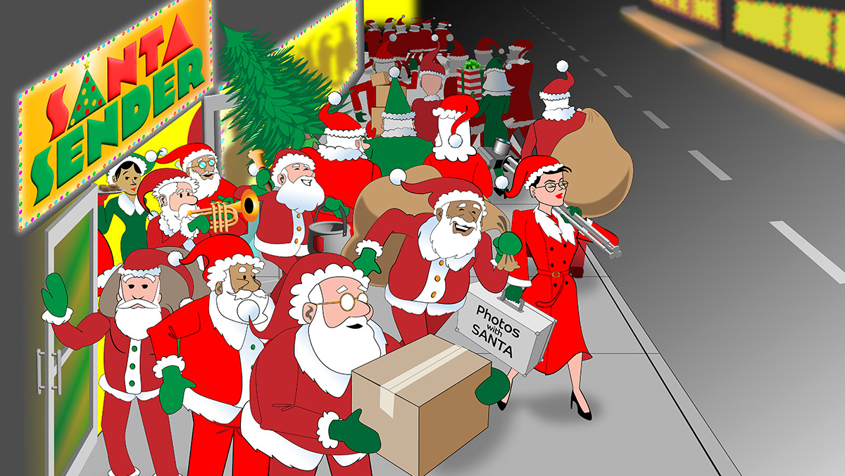 Santas in line with gifts and a ‘Photos with Santa’ sign.