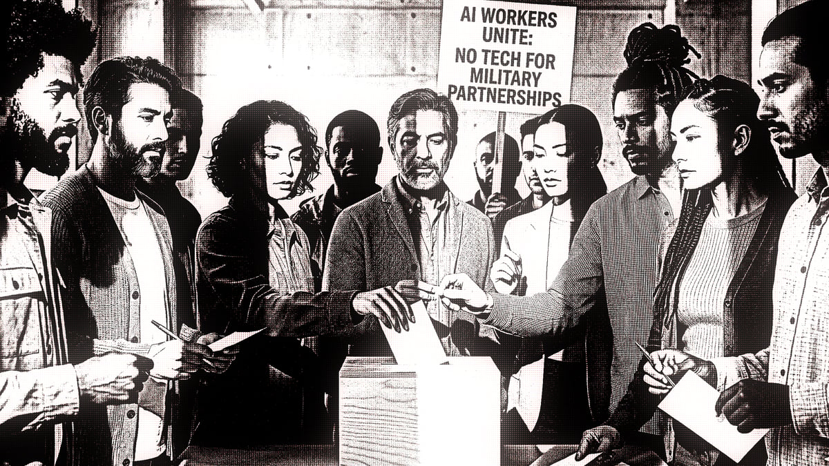 Diverse group of workers casting votes in a ballot box, protesting AI use in military tech partnerships.