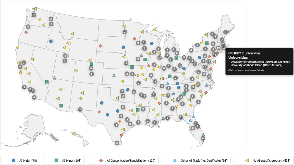 U.S. map showing universities offering AI Majors, Minors, Concentrations, and other AI programs. Key indicates colors.