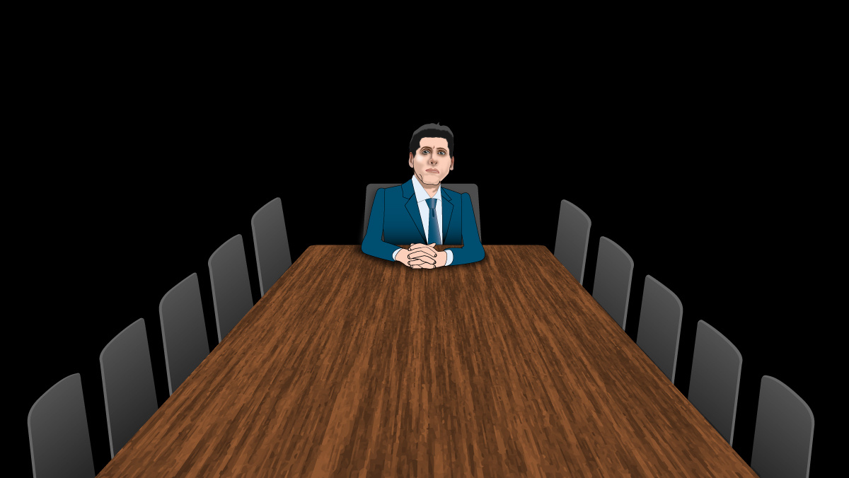 Illustration of a businessman in a blue suit sitting alone at the head of a long boardroom table with black chairs.