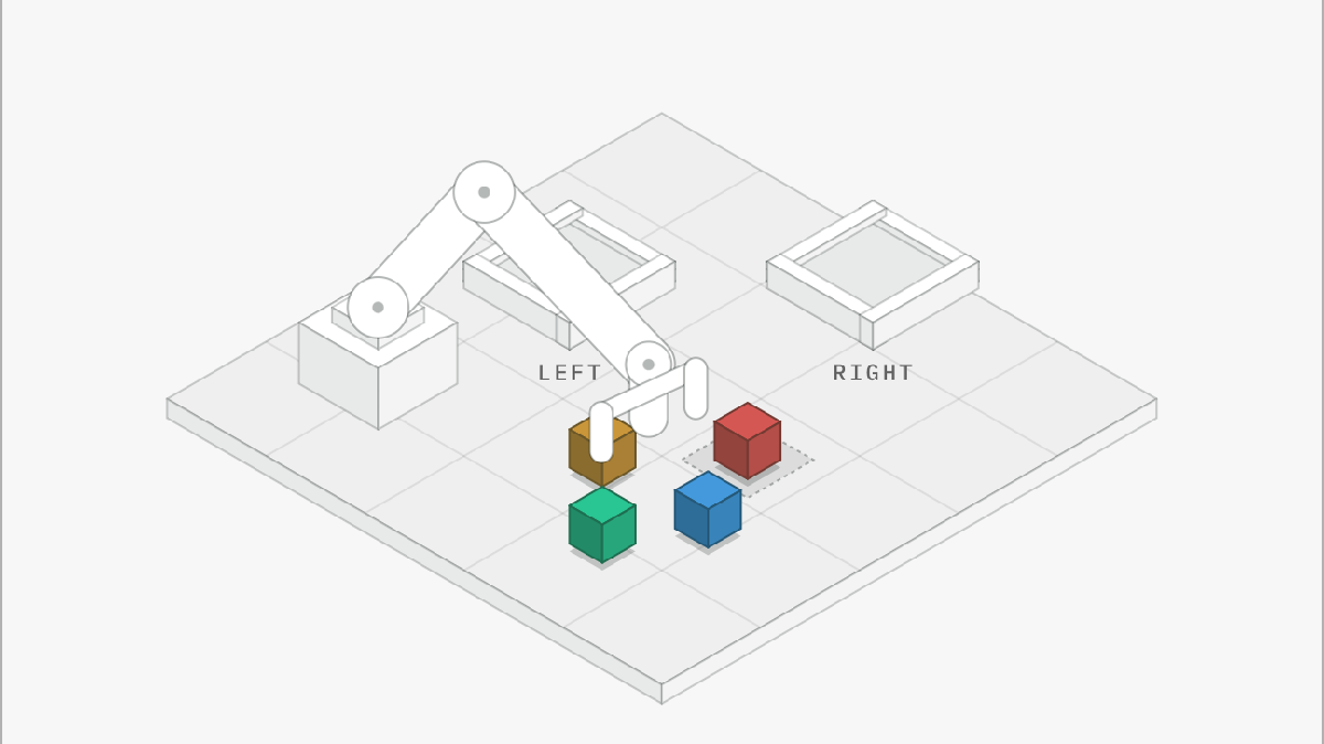 Colored blocks on a grid under a robotic arm, labeled left and right, reflect robotics advancements.
