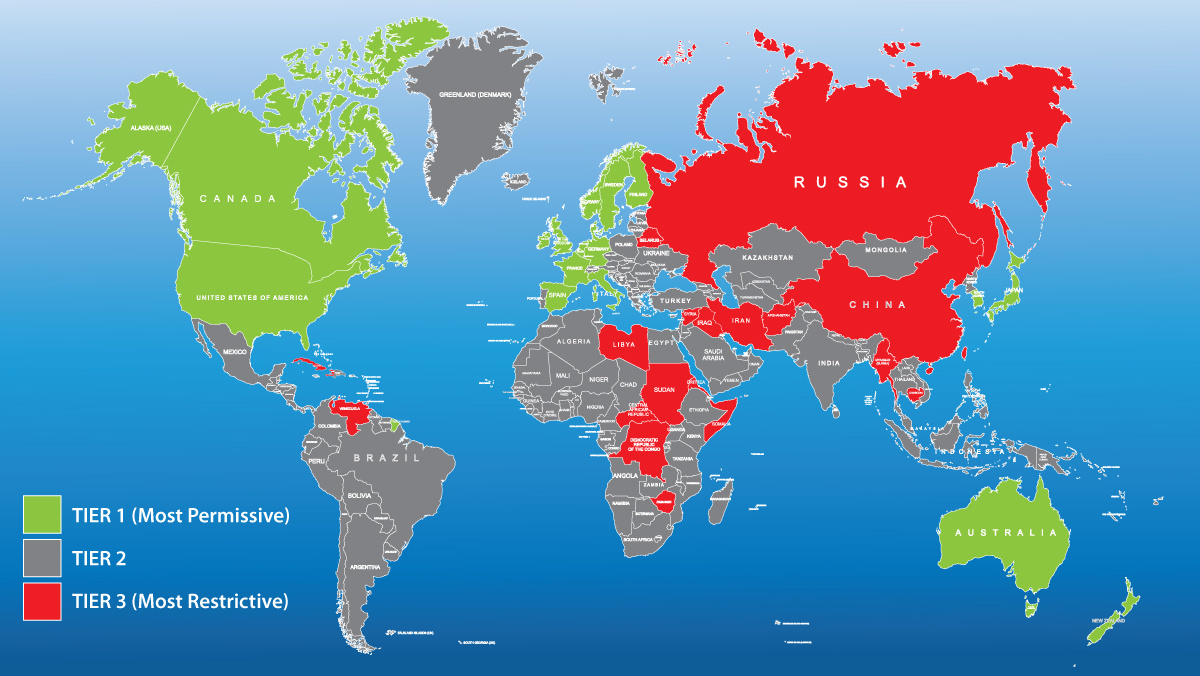 World map of AI export restrictions: Tier 1 (green), Tier 2 (gray), Tier 3 (red).