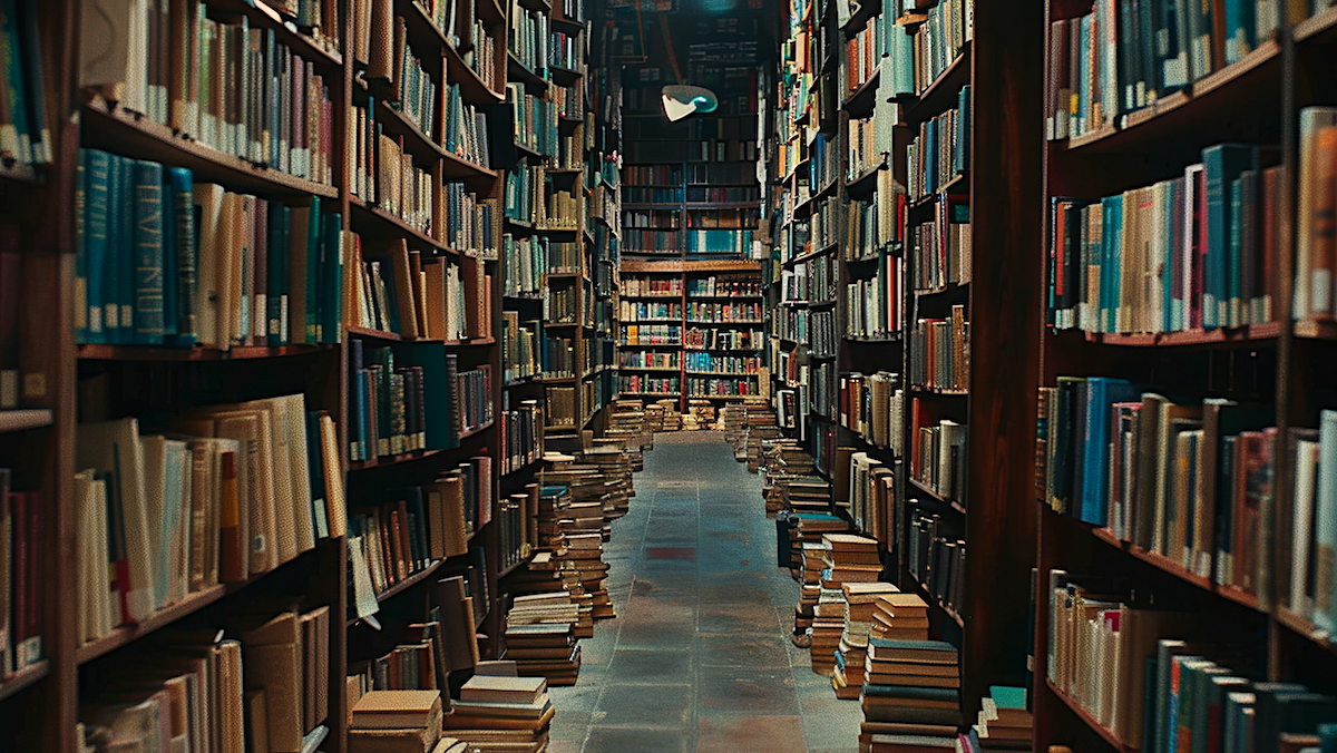 A narrow library aisle filled with shelves stacked with countless books.