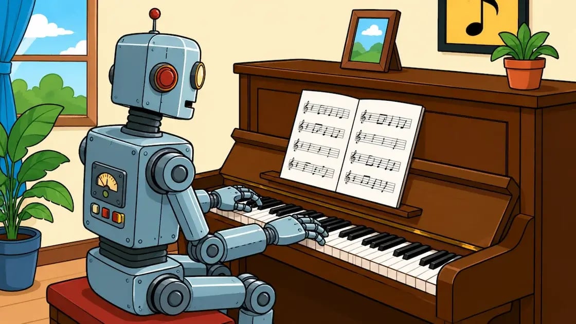 A robot enthusiastically performs piano music, combining technology and creativity in a warm, indoor environment.