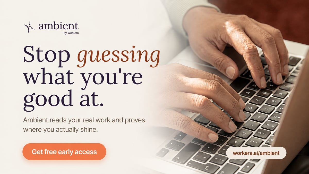 Hands typing on a laptop next to text promoting Ambient by Workera, emphasizing skills assessment and free access.