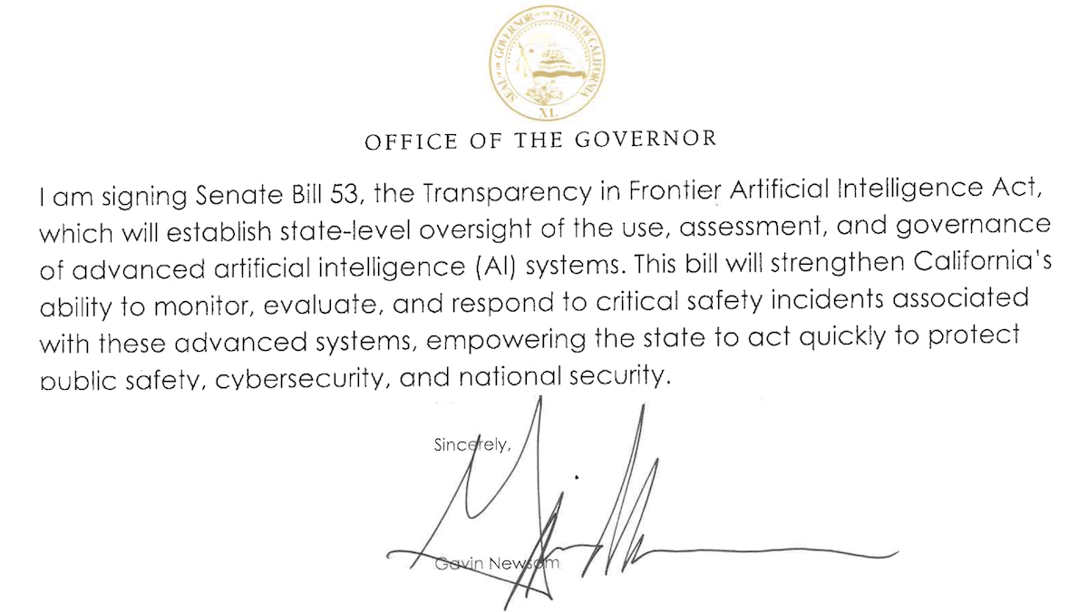 Official letterhead displays Governor Newsom's signature on AI regulation bill establishing state oversight.