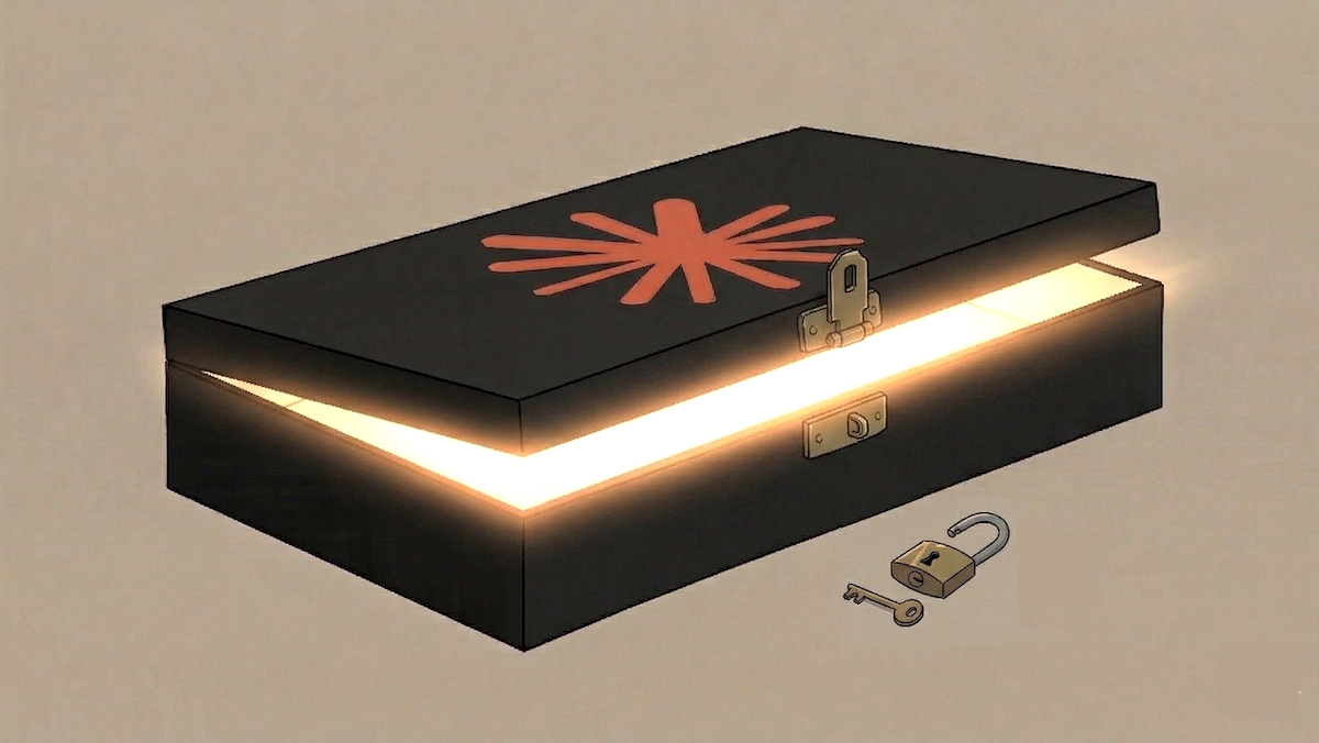 A black box with a red symbol is open, revealing a glowing interior, symbolizing a security breach.