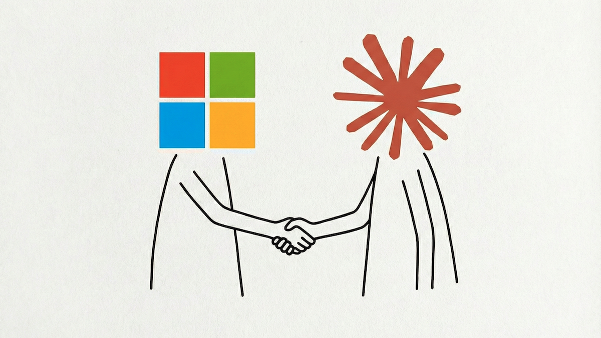 Two figures, symbolizing Microsoft and Anthropic, handshake to represent partnership and collaboration.