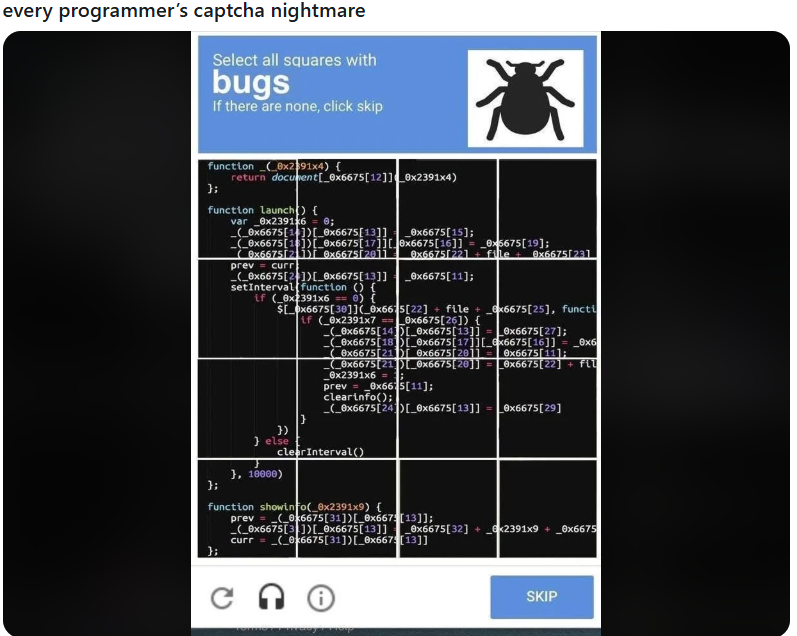 Captcha image for bugs with humorous programming code and bug icon; a programmer's challenge joke.