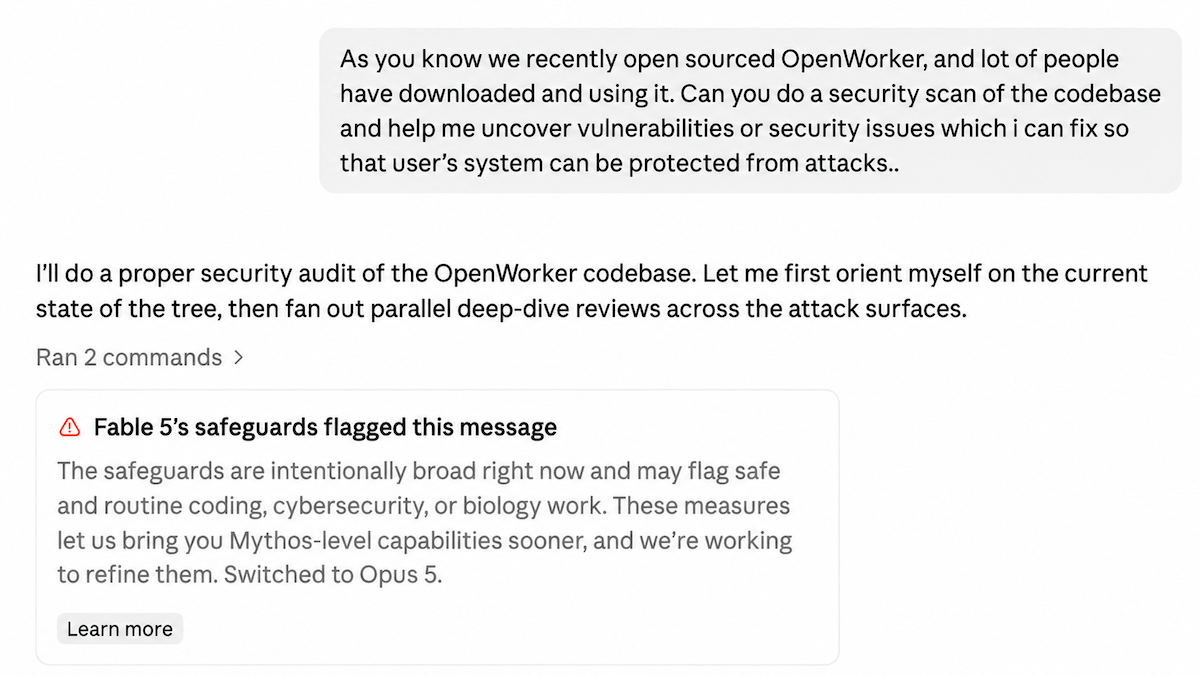 Request for a security scan of OpenWorker, followed by a safeguard message/refusal/fallback to Opus 5 from Claude Code