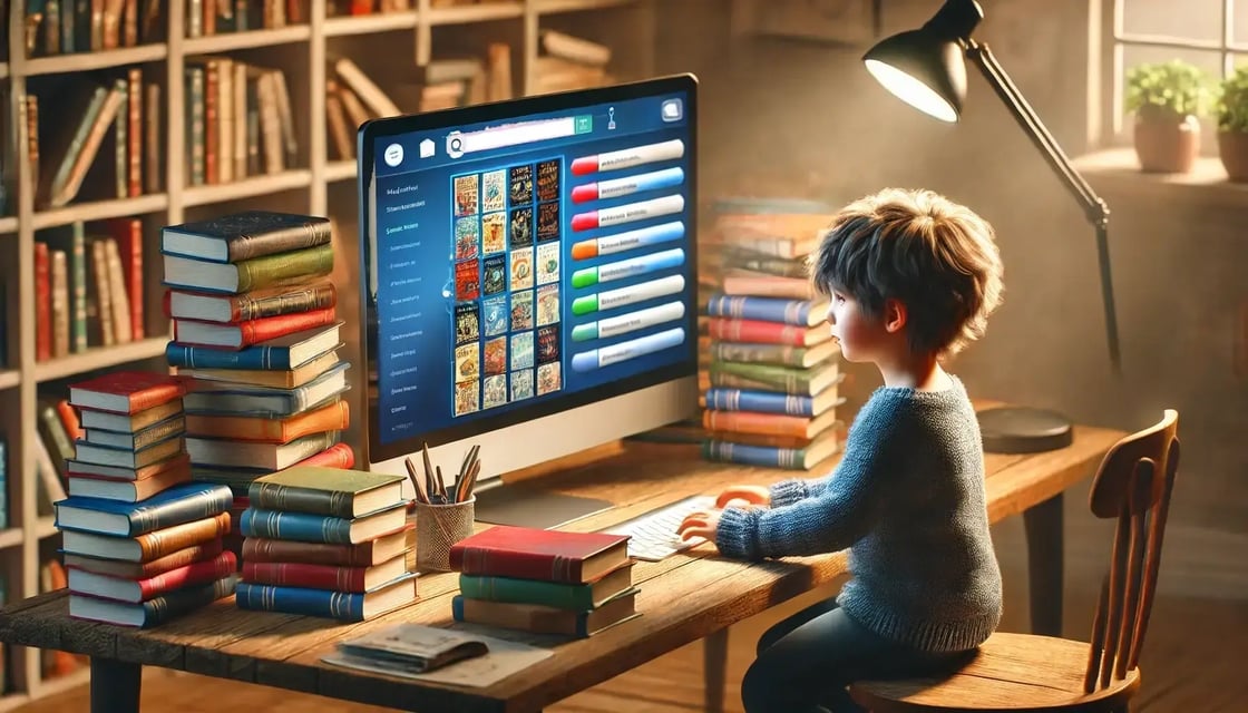 A realistic image of a young child, around 8-10 years old, sitting at a desk with a computer, searching for a book.