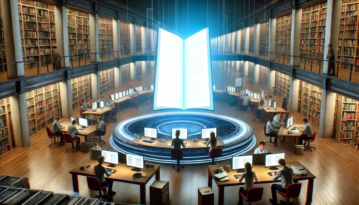 A group of researchers working in a modern but not overly futuristic library, collaborating on their computers.