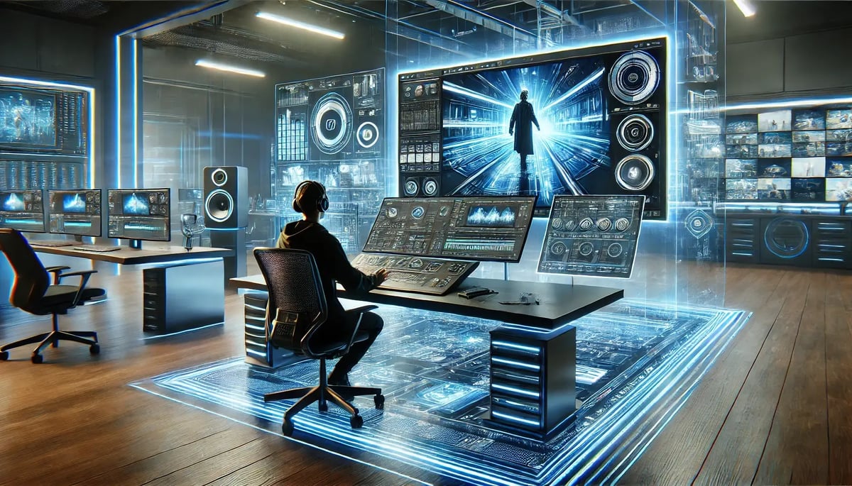 A futuristic AI-powered video editing room with a person actively editing a video on a large, immersive screen.