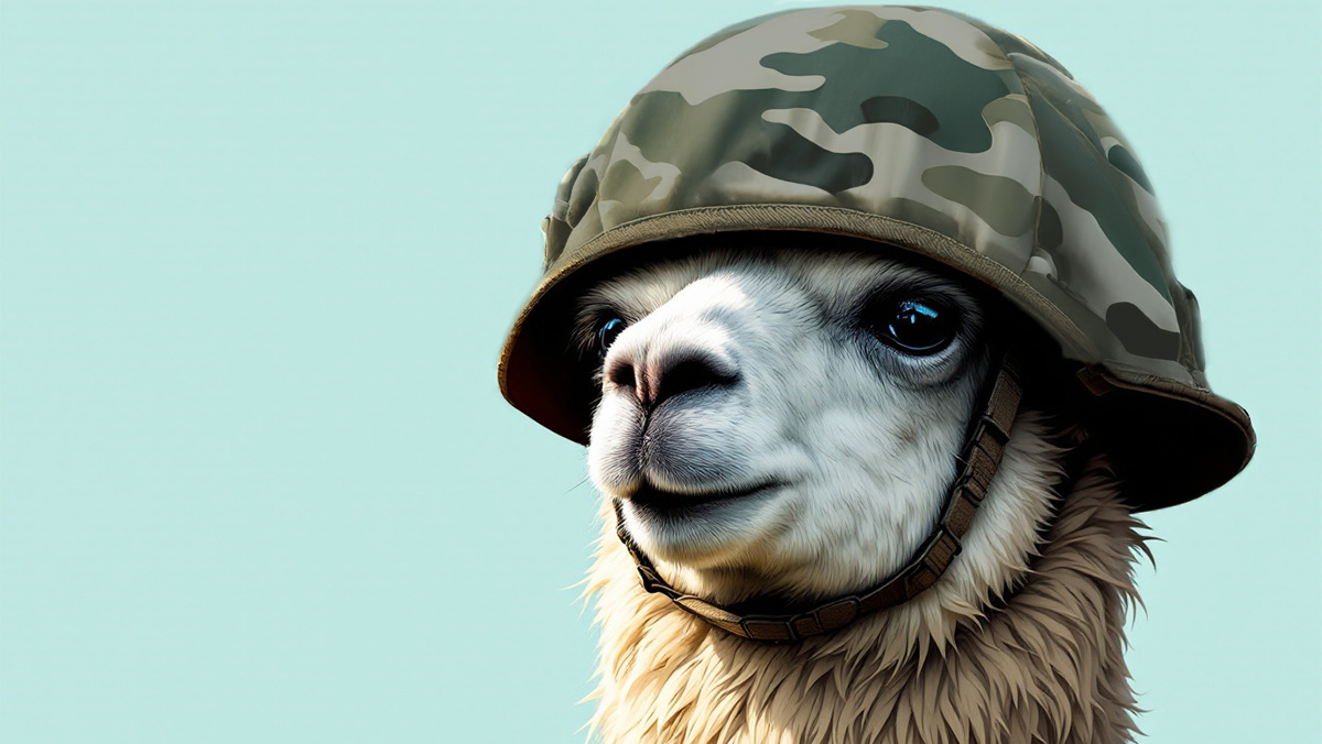 Llama wearing a camouflage helmet, looking determined with a light blue background.