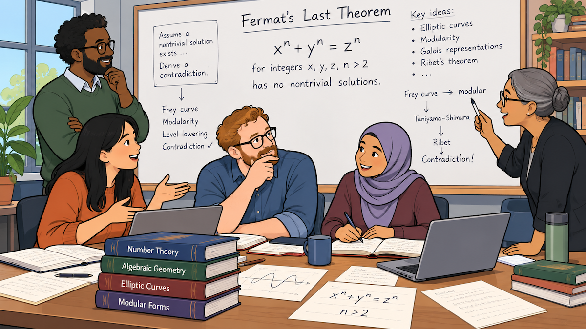 Group brainstorming on Fermat's Last Theorem strategies, referencing elliptic curves, modularity, Frey curves at a table.es in a study room.