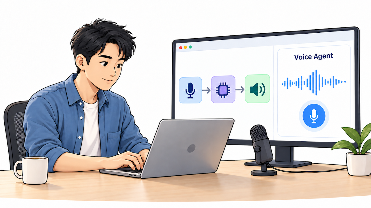 Man at laptop using voice technology interface with icons showing microphone, chip, and sound wave.