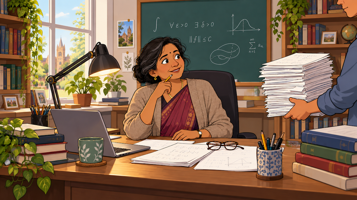Mathematician receives stack of papers while sitting at desk with laptop, surrounded by plants and study materials.