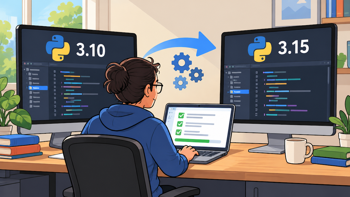 Developer updating Python version on dual screens with laptop; code migration from Python 3.10 to Python 3.15.