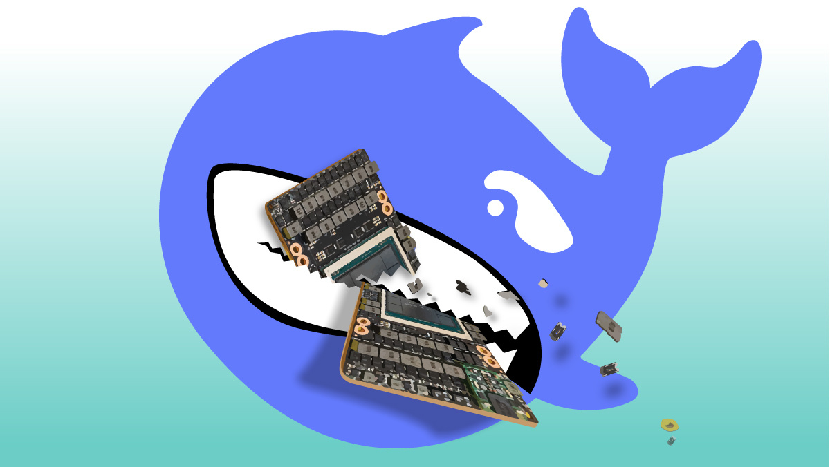 Blue whale logo biting and breaking a computer chip, with debris flying.