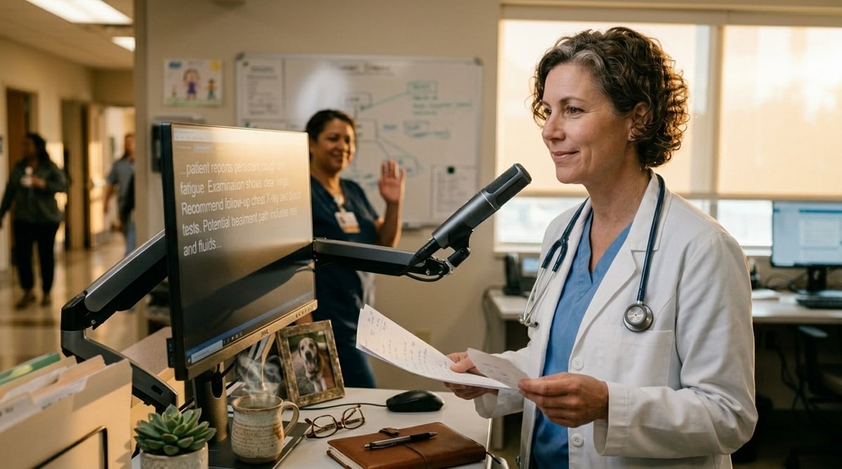 Doctor in white coat reads patient notes while speaking into a microphone in a medical office.