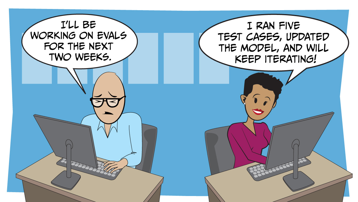 Cartoon of two coworkers coding; one struggles with evaluations, the other iterates quickly through model updates and test cases.