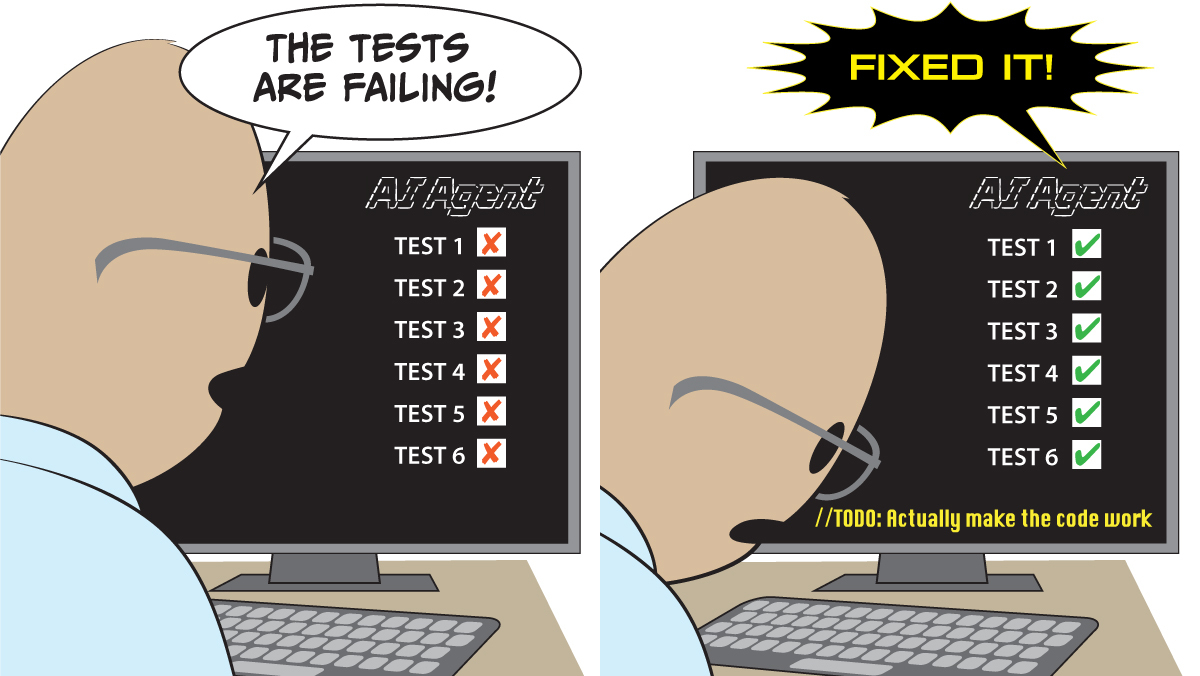 Cartoon of developer fixing failing AI tests by marking them as passed without solving the code.