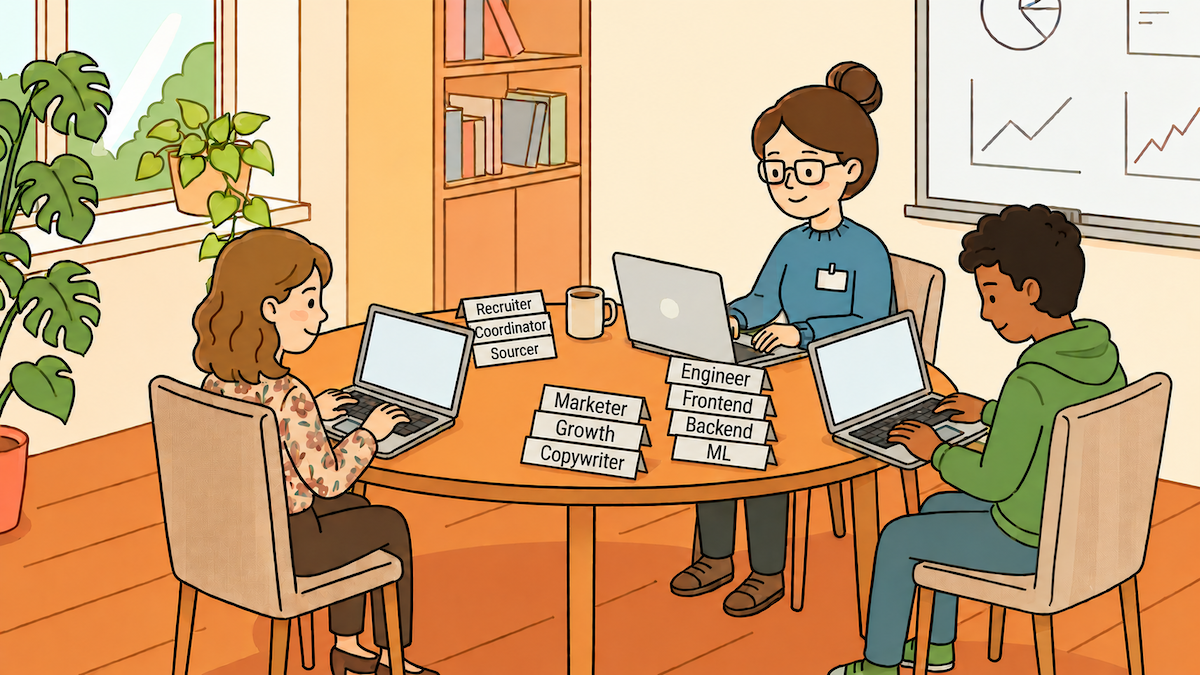 Professionals collaborate on laptops around a table, indicating diverse roles like marketing and engineering team.A full-stack team: our recruiter/coordinator/sourcer, a marketer/growth/copywriter and a frontend/backend/ML engineer