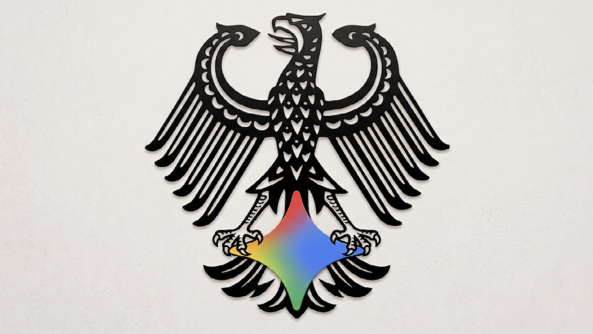A German eagle emblem with sharp lines is overlaid on a colorful Google logo, symbolizing the legal case.