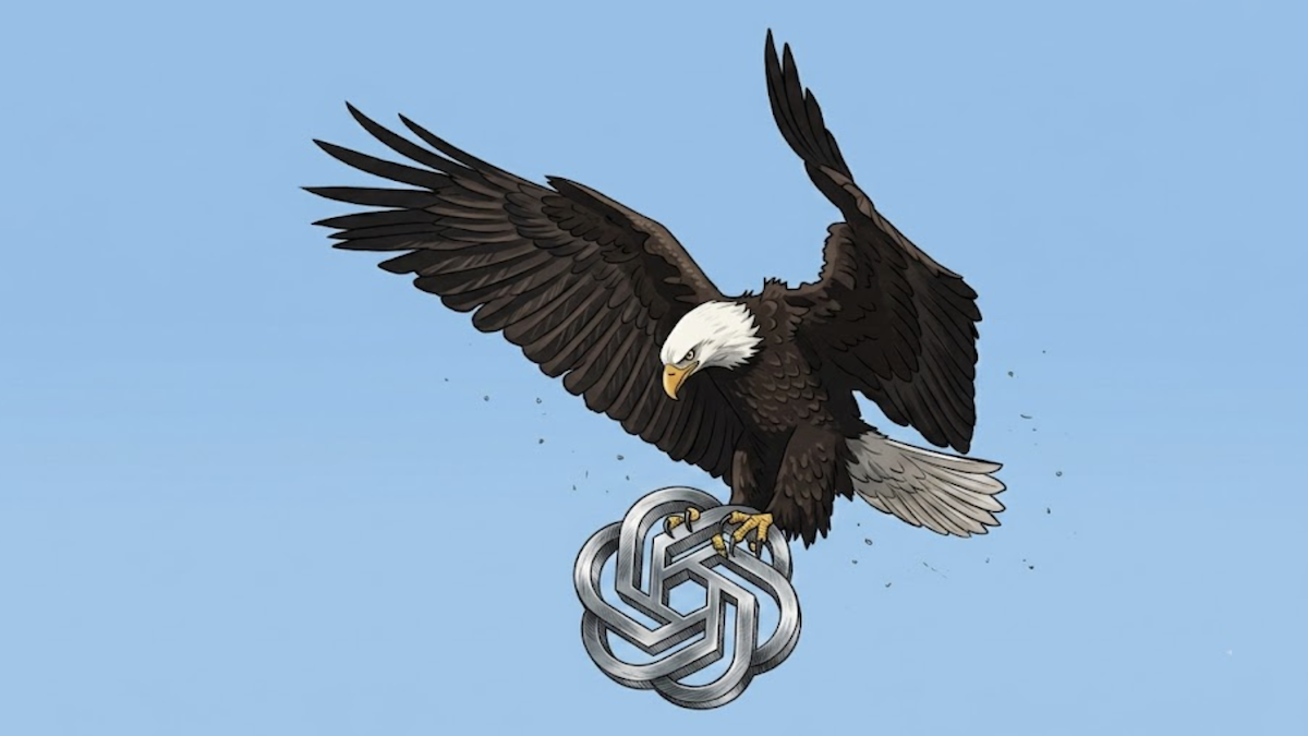Detailed eagle talons grip a metallic logo amid a clear blue background, symbolizing control and power.