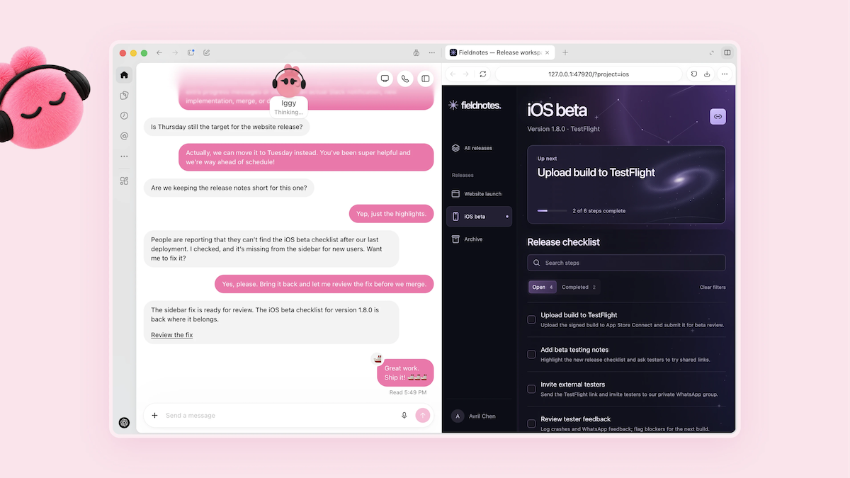 Pink-themed chat window mentions deployment issues, paired with a sleek iOS beta release page.