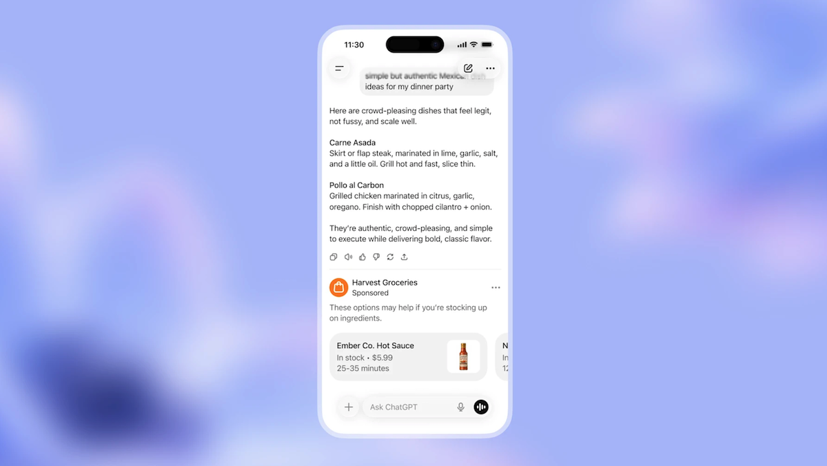 ChatGPT interface on a phone displays a conversation and a sponsored grocery ad at the bottom of the screen.