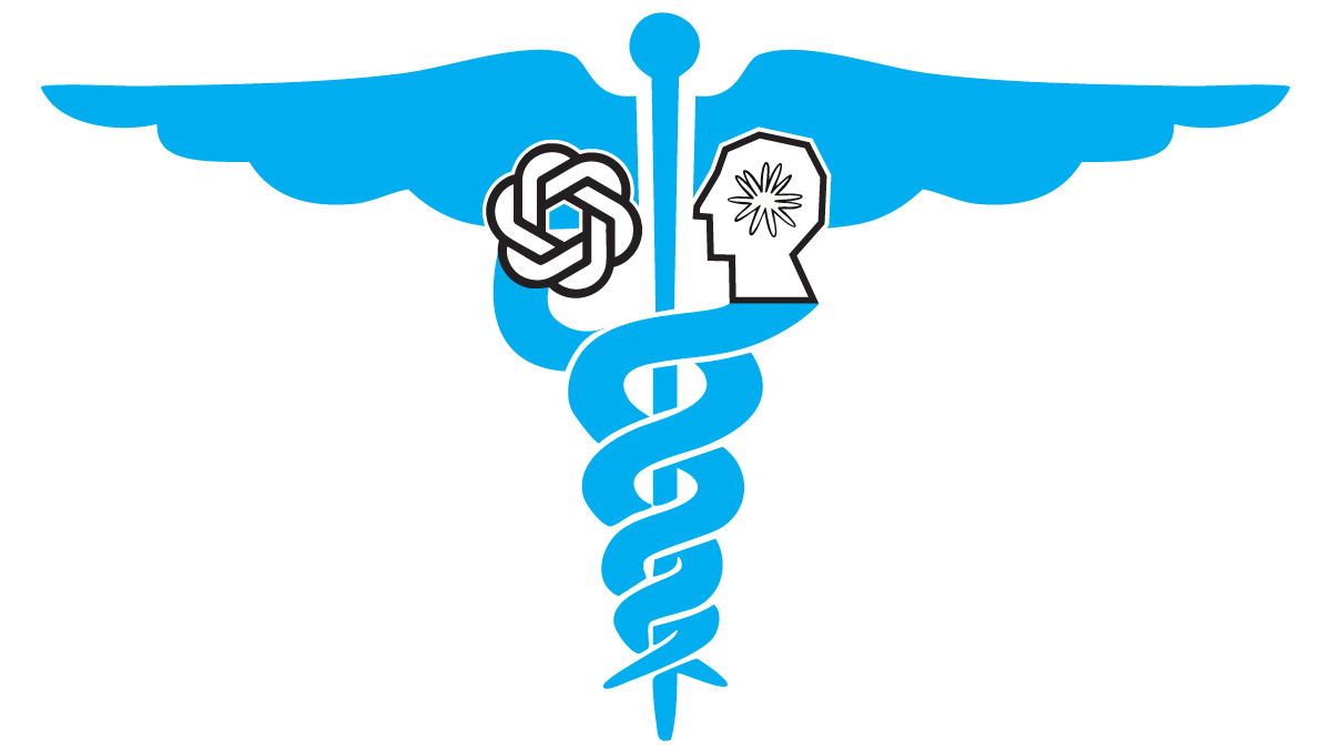 A blue caduceus with AI logos, representing OpenAI and Anthropic's healthcare innovations.