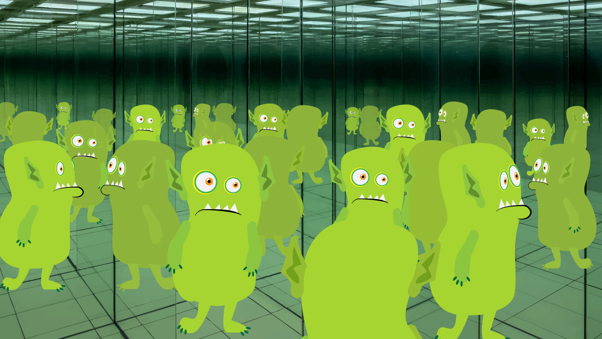 Green creatures with confused expressions surrounded by mirrors creating infinite reflections