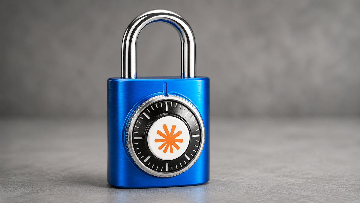 Close-up of a shiny blue padlock, symbolizing security, with a black dial and orange Claude logo design.
