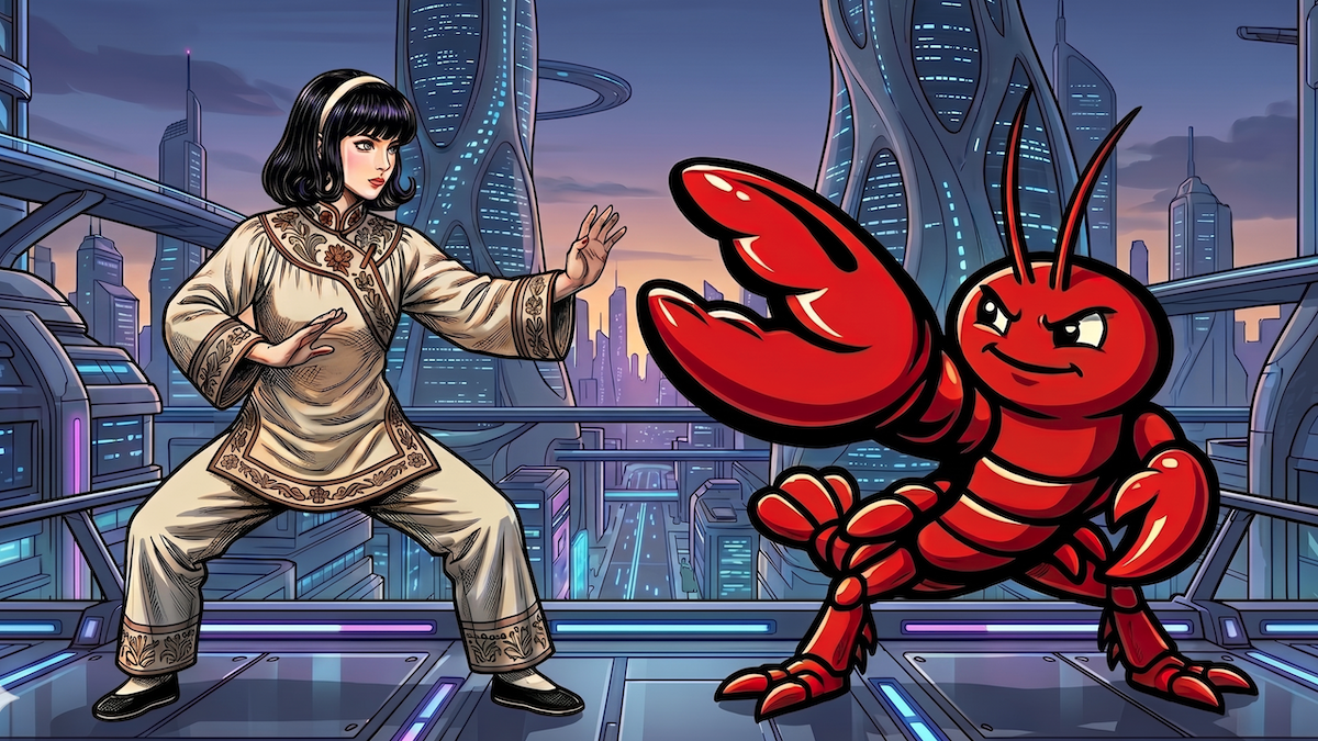 A woman in martial arts attire faces off against a cartoon lobster in a futuristic cityscape.