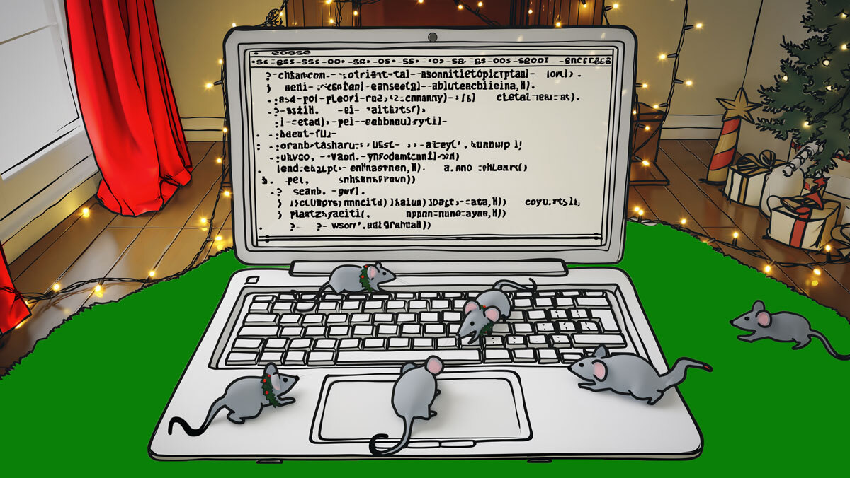 Mice on a laptop keyboard explore, with code on screen; background features festive lights, presents.