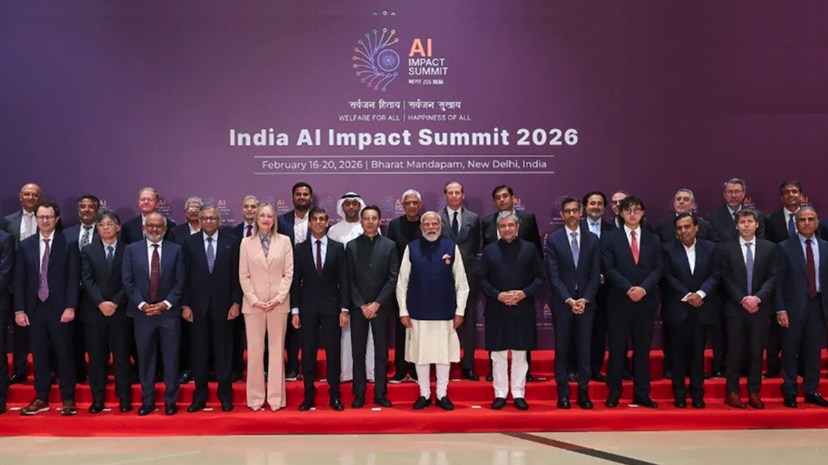 Officials and leaders stand together at the India AI Impact Summit 2026 in New Delhi.