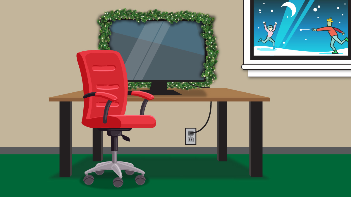 Home office desk with a red swivel chair and computer monitor decorated with holiday garland, winter scene visible through the window.