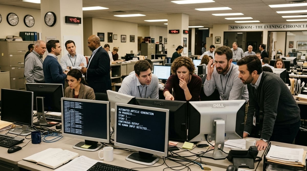 Newsroom workers analyzing computer monitors displaying automated reports, collaborating in a busy office.